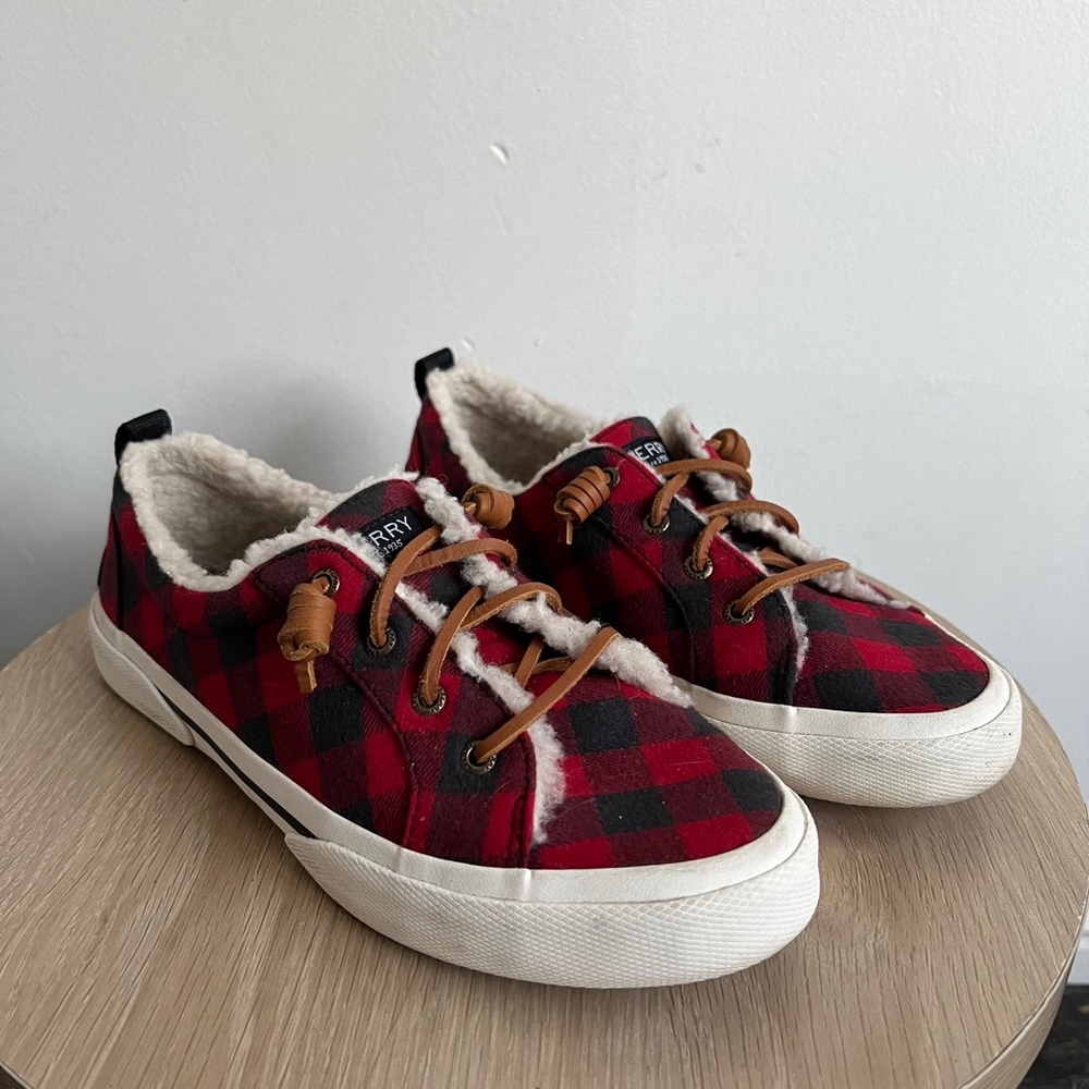 Women's Sperry Top-Sider Sneakers Size 8.5 Red Black Plaid
